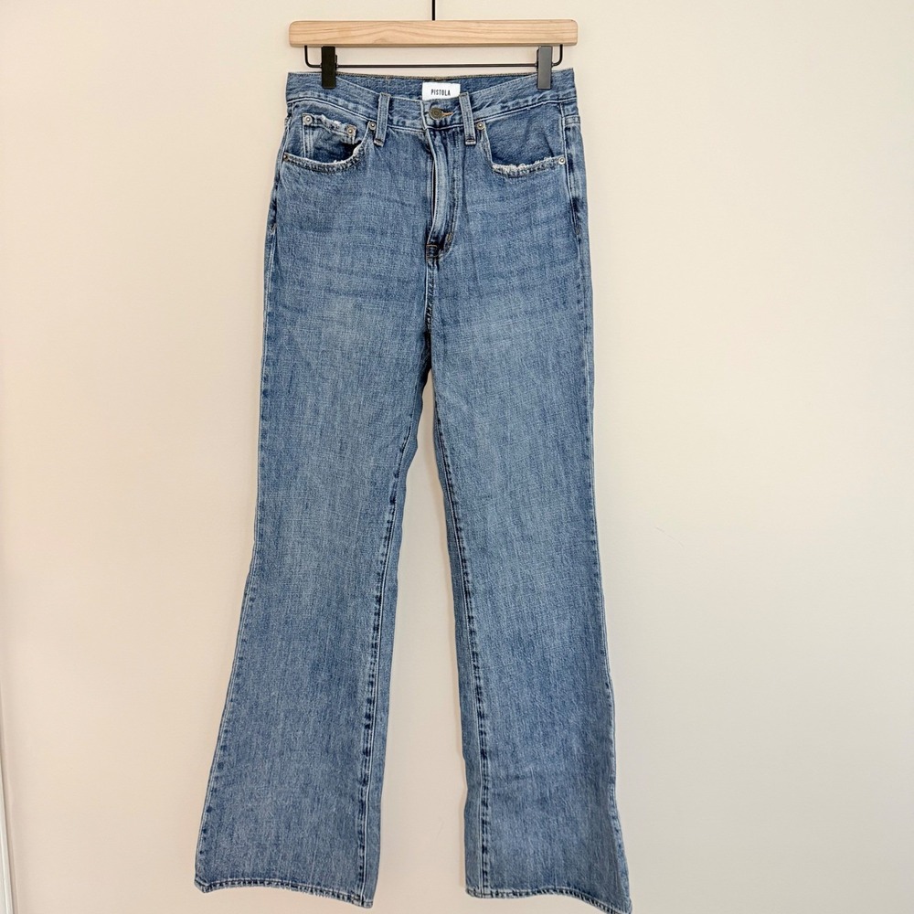 Women's PISTOLA High Rise Flare Jeans Light Wash Cotton Blend Size 27